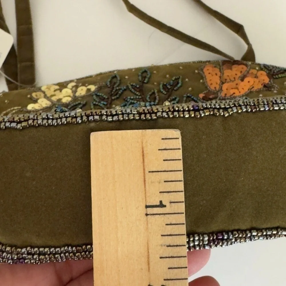 ERMO Collection‎ Evening Velvet Floral Beaded Handbag Zipper Olive Green